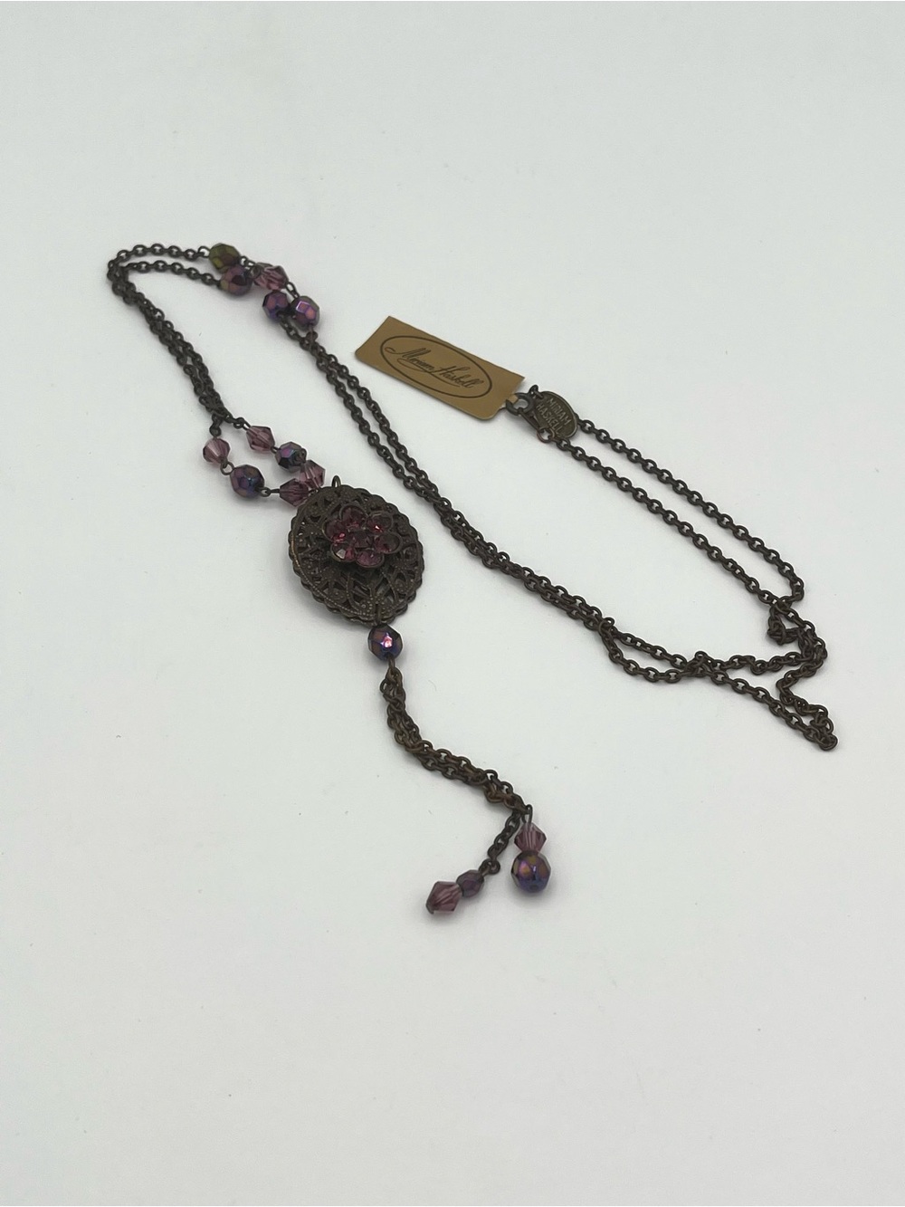 Miriam Haskell Purple Beaded Filigree Drop Necklace - Picture 4 of 11